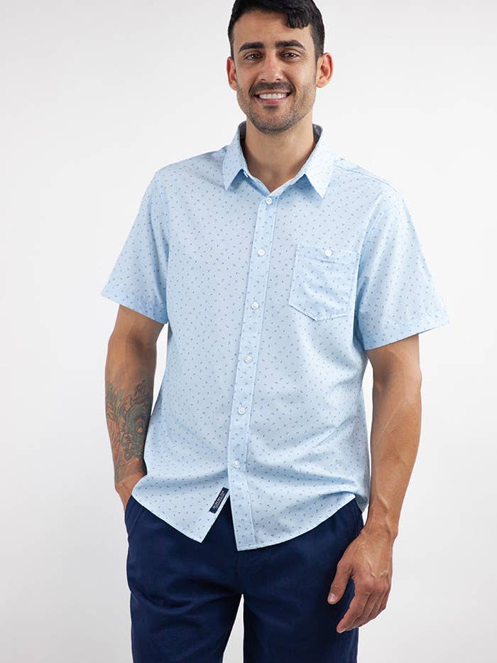 Light Blue Printed Short Sleeve Poly Spandex Shirt for wholesale on Faire