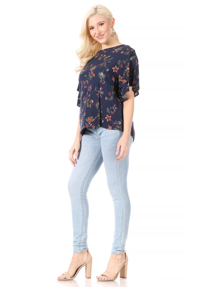 CORNER 123, Wholesale Women's Clothing - Wholesale Blouse - Dames - (6 stuks) Marineblauw, Thistle Print Top3