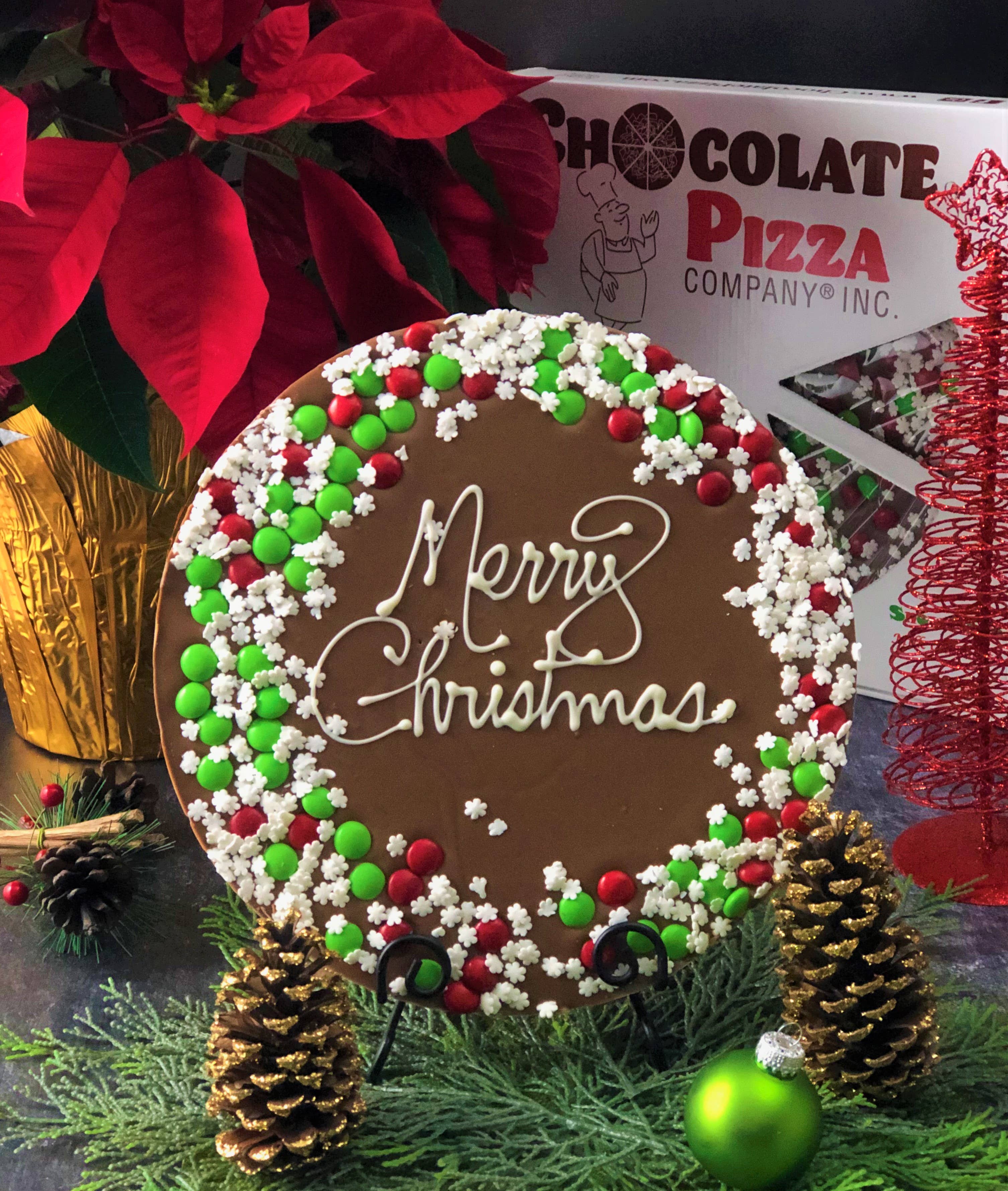 Wholesale Chocolate Pizza - Merry Christmas, Snowflake border for