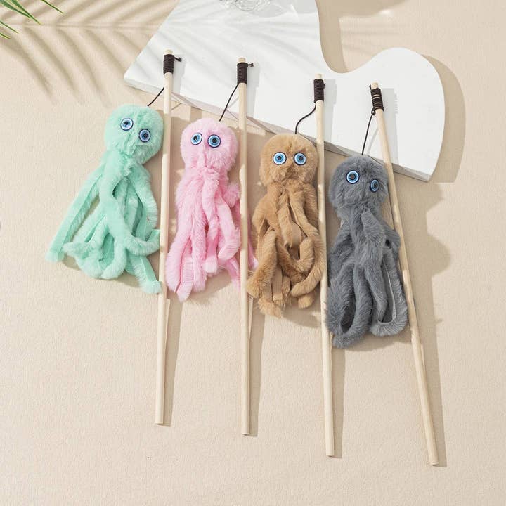 PAWPAWwholesale - Wholesale Pet Toy - Cat - Octopus Teaser Wand – Plush Cat Toy with Wooden Rod_CWMM68021