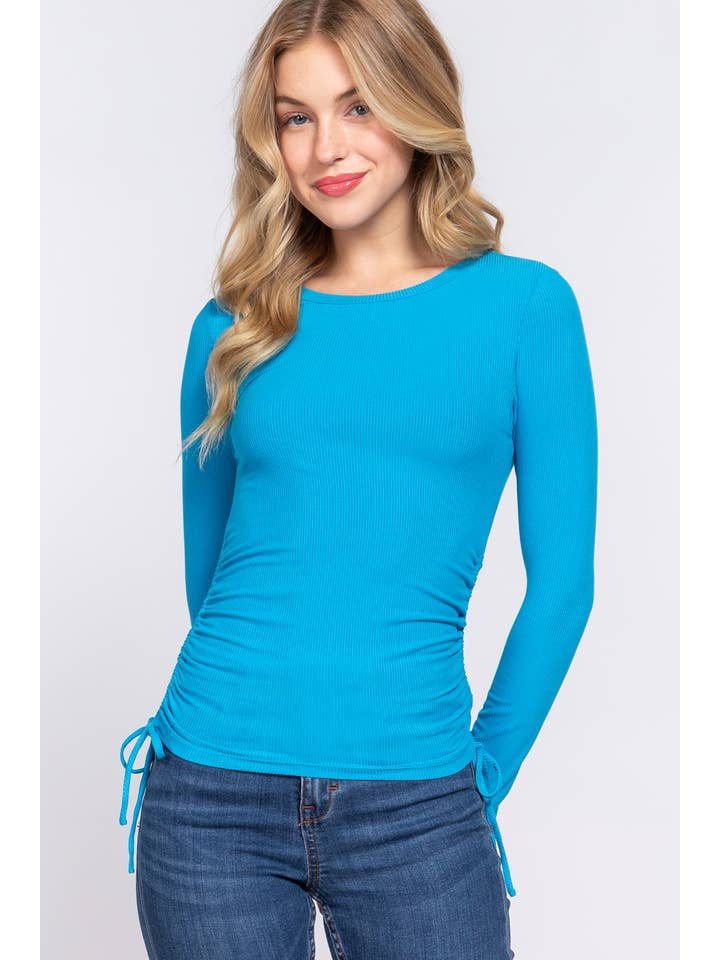 42POPS – Top de malha - Mulher por atacado – ...SI-24865 Top de Malha Canelada com Manga Comprida e Franzido Lateral