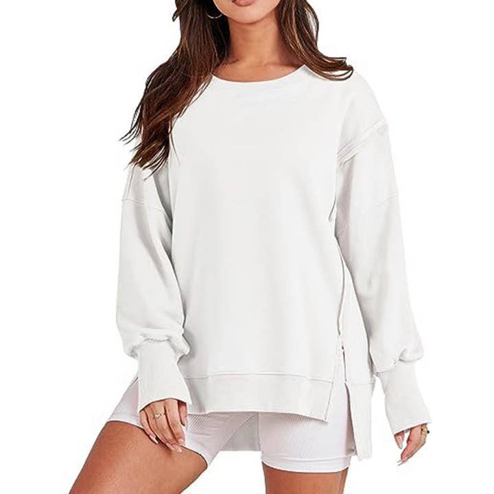Sheer Trend - Vente Sweat-shirt – femme - Pull haut et bas à manches longues, frangé, couleur unie, joint fendu et col rond3