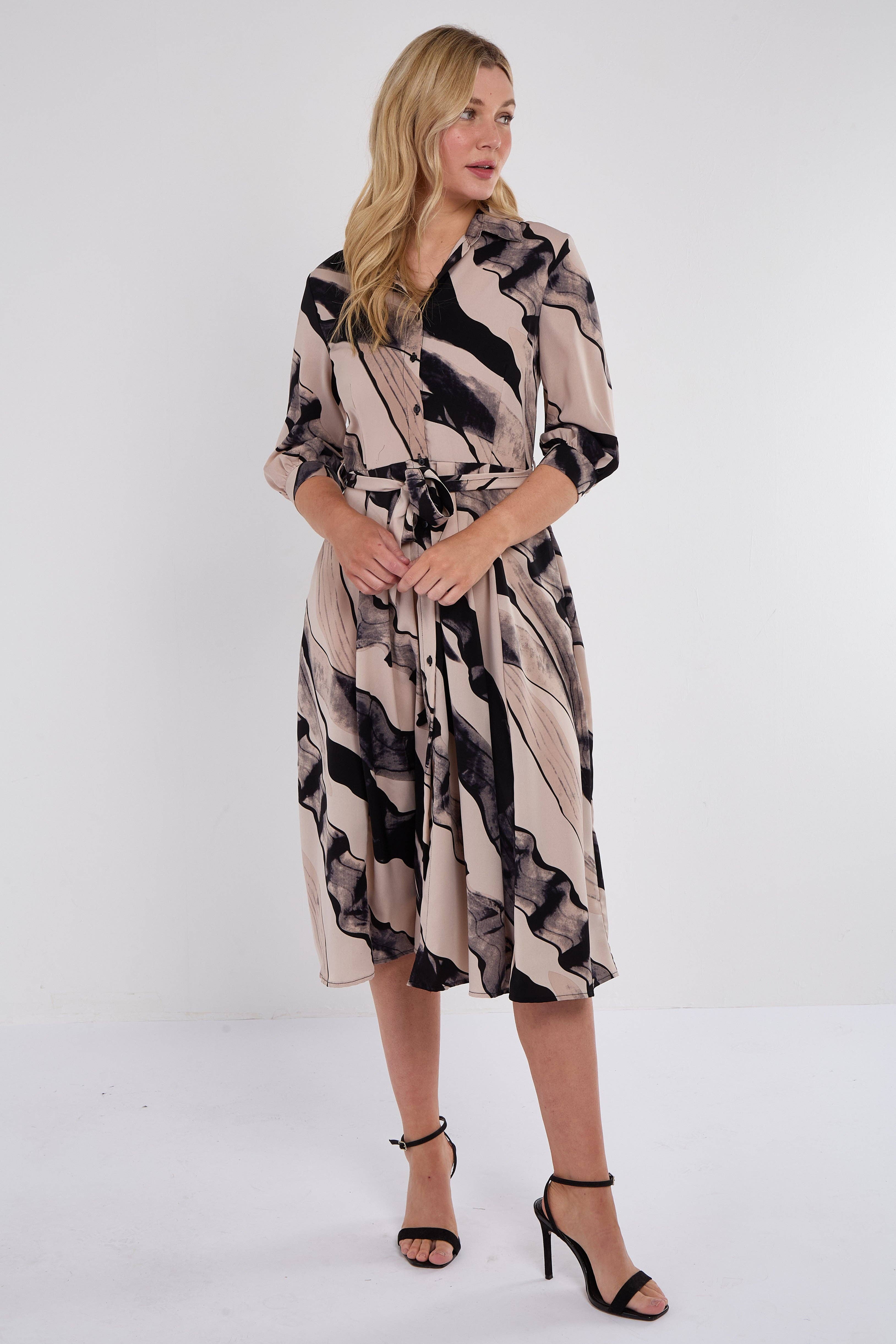 beige Abito camicia midi nero a mezza manica con stampa astratta beige in vendita all'ingrosso su Faire2