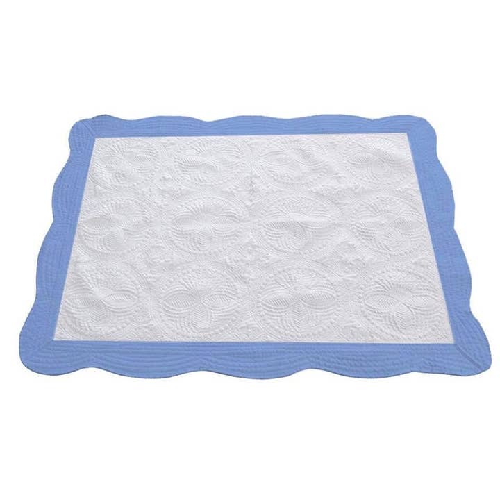 Heirloom Baby Quilt WHITE WITH BLUE TRIM for wholesale by Creatively Cheryl