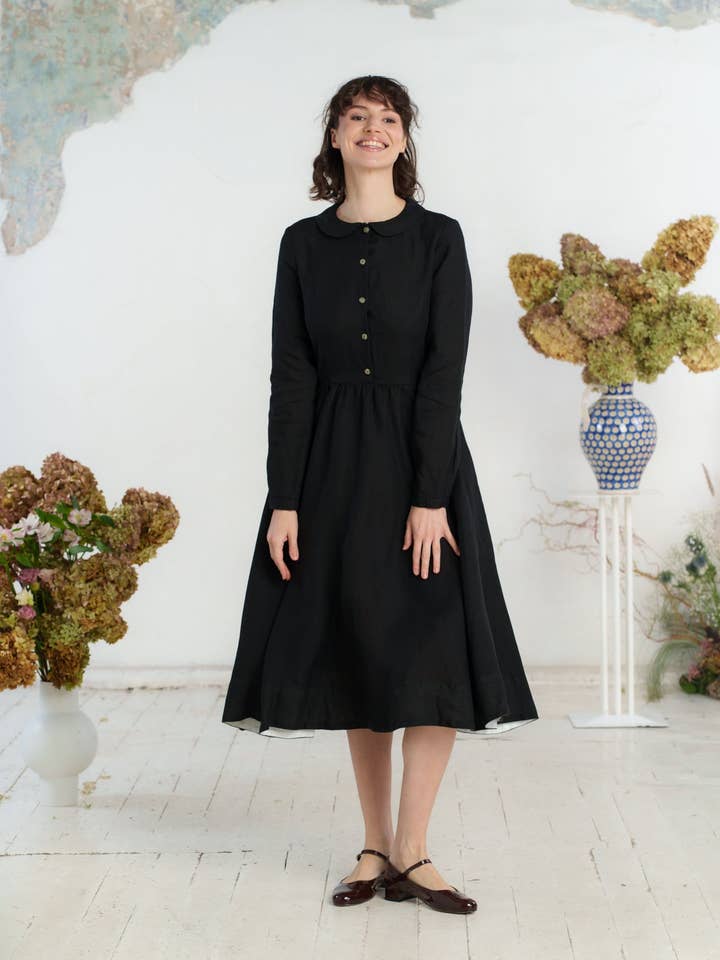Night Garden Classic – Midi Linen Dress with Peter Pan Collar for wholesale on Faire19