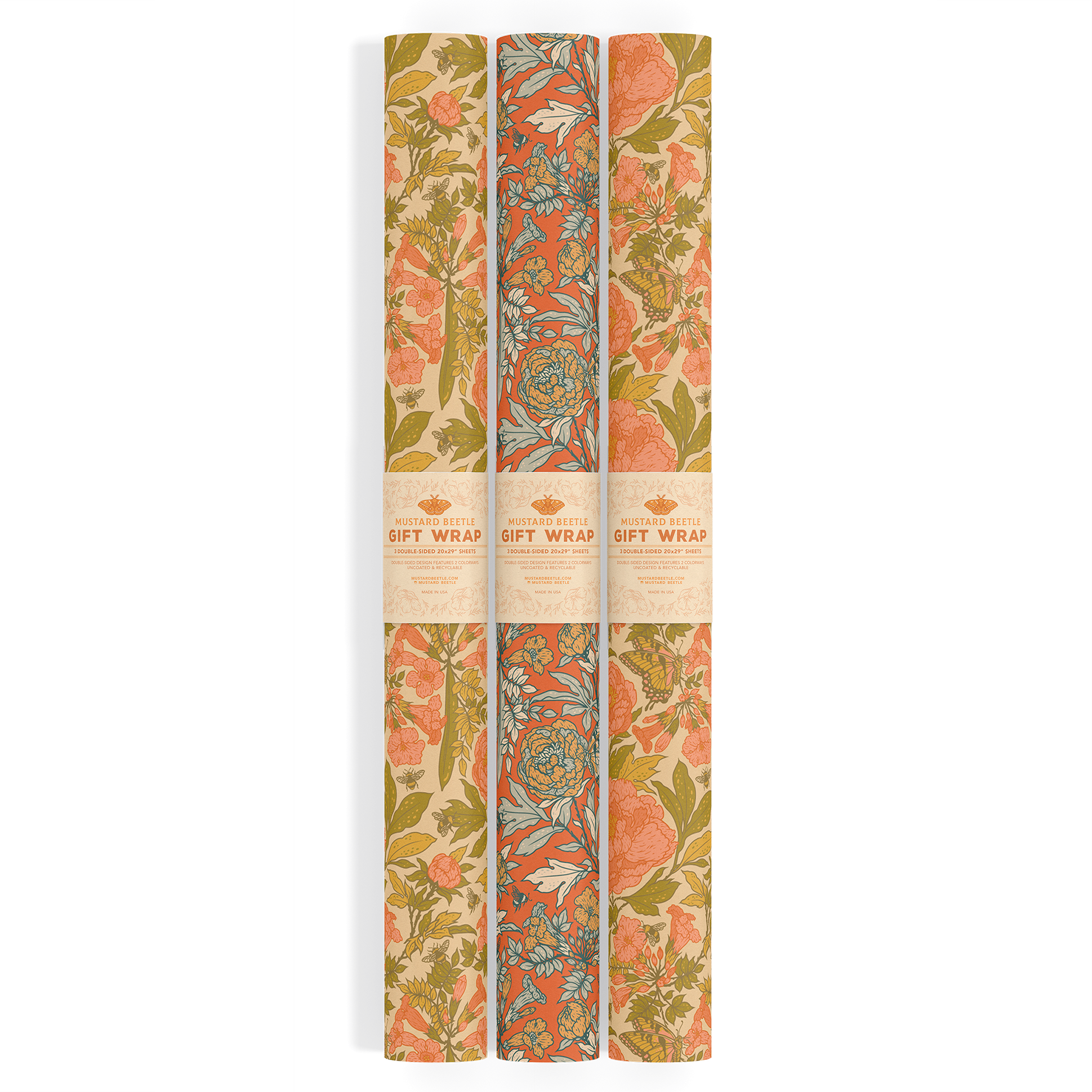 Mustard Beetle - Wholesale Flat Wrap - Recyclable Gift Wrap / Wrapping Paper: Peonies5