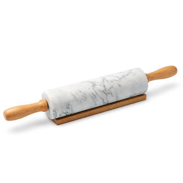 White Solid Marble Rolling Pin & Acacia Wood Handle & Base for wholesale by Silk Route Spice Company