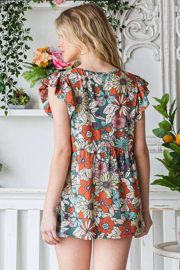 7th Ray - Vendita all'ingrosso Camicetta - Donna - Top a maniche svolazzanti con stampa floreale multicolore Baby Doll T516511