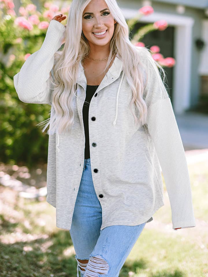 Gray Berkley Button Up Knitted Sleeves Hooded Jacket for wholesale on Faire