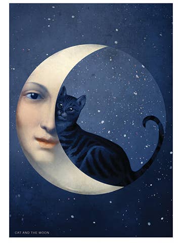 Cat and the Moon - Artist: Catrin Welz-Stein - CD112 for wholesale by Masala Cards