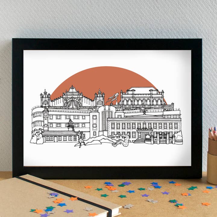 Morecambe Skyline Landmarks Art Print - unframed for wholesale by Becka Griffin Illustration
