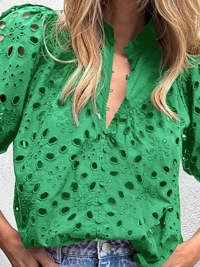 Flower Embroidered Hollow-out Puff Sleeve Blouse for wholesale by Umorger