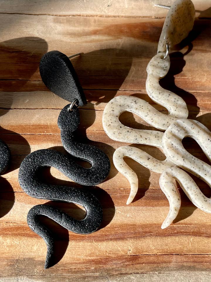Snake earrings for wholesale by She makes clay