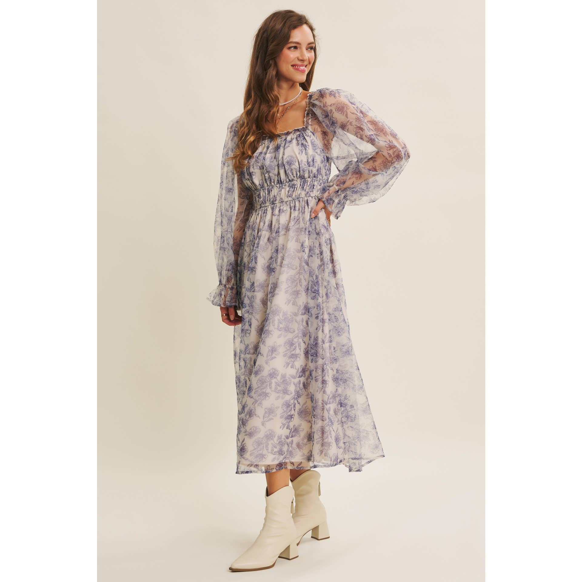 in february - Wholesale Jurk - Dames - ETHERISCHE ELEGANTIE BLOEMIGE ORGANZA MIDI-JURK MET ELASTISCHE TAILLE11