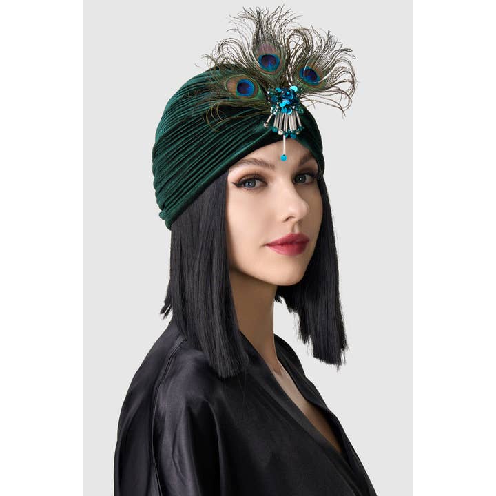 Dark Green 1920s Peacock Sequin Turban Hat for wholesale on Faire2