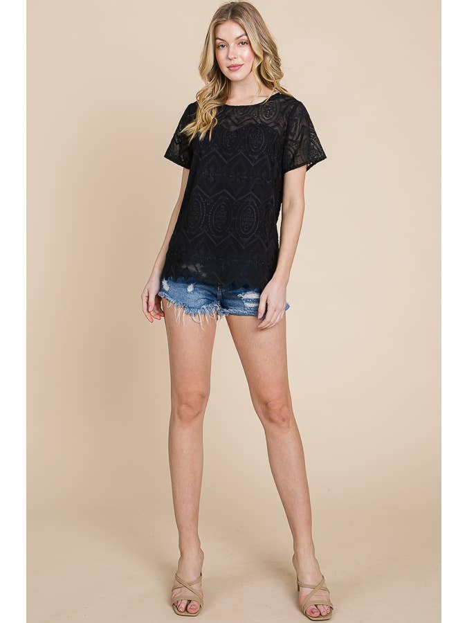 BLACK Round Neck Short Sleeve Zig Zag Edge Lace Top with Lining for wholesale on Faire