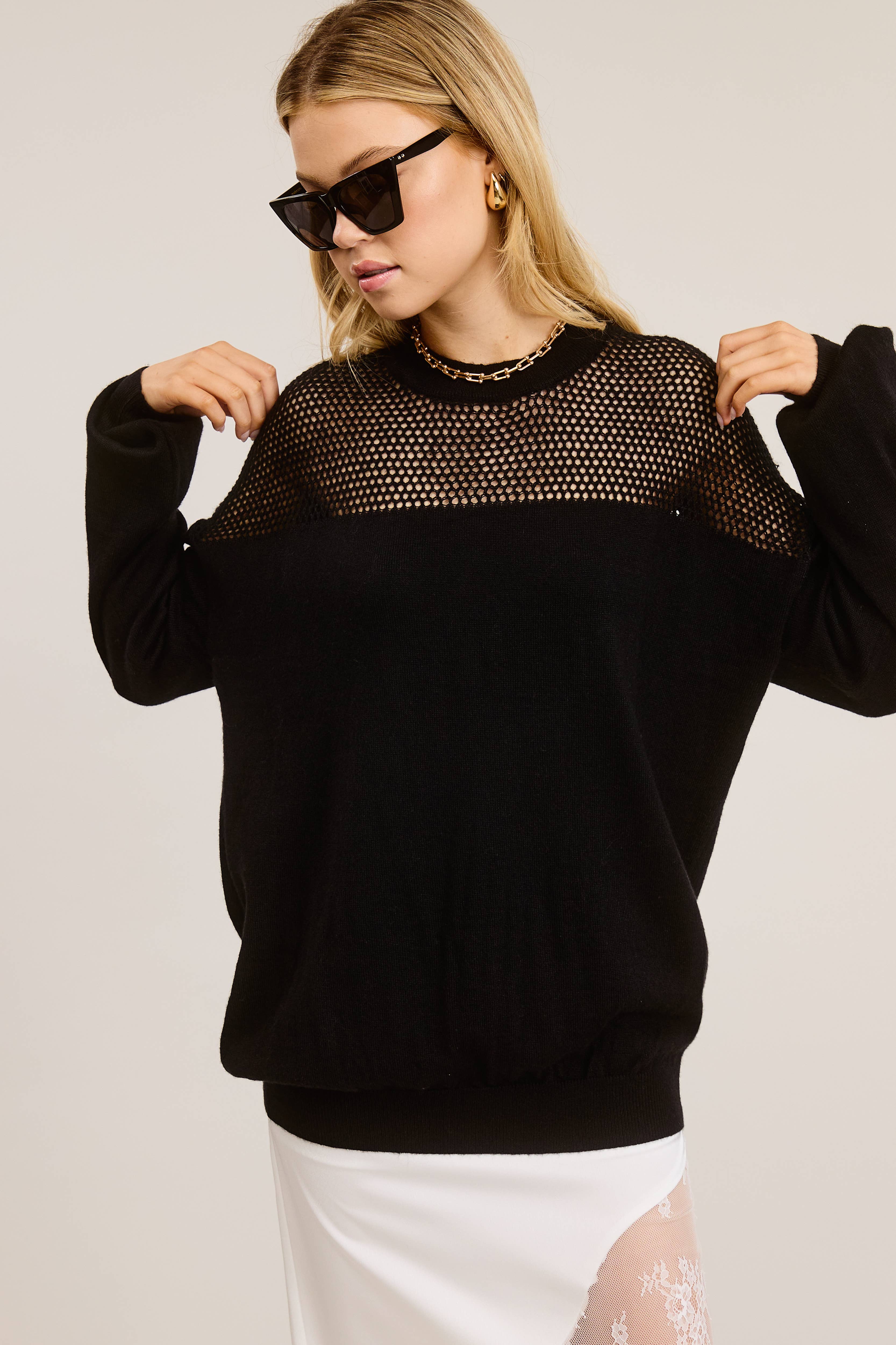 Mimosa - Wholesale Knit Sweater - Women's - Crochet Mesh Long Sleeve Knit Sweater6