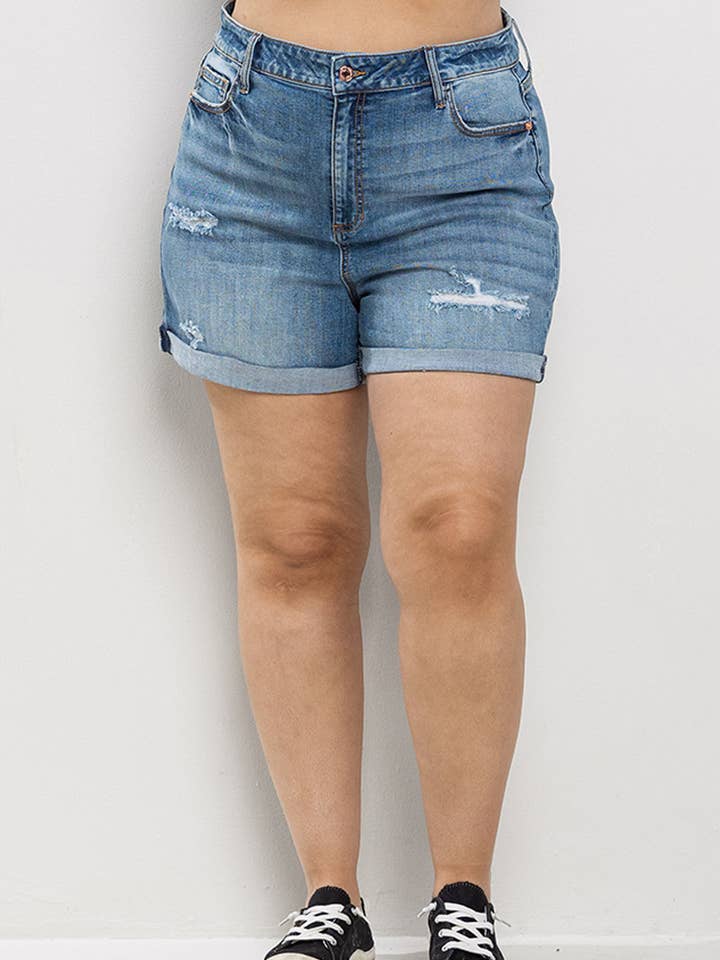 Sneak Peek - Wholesale Shorts - Women's - MID RISE PLUS TOMBOY DENIM SHORTS & CUFF HEM SP-S7389M-PL