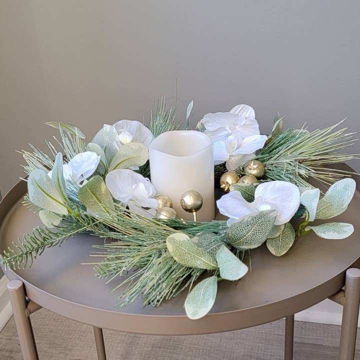 ES Essentials - Wholesale Wreath - Christmas Wreath Pine Glitter White Orchid Berry Candle Ring