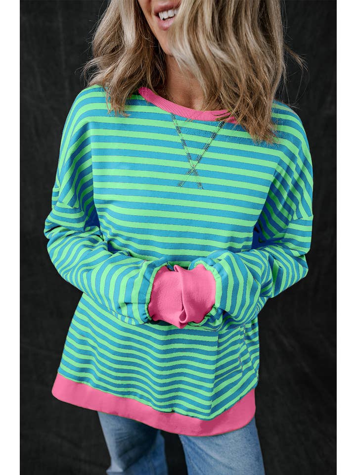 Amaryllis Apparel - Wholesale Sweatshirt - Women's - Stripe Oversized Contrast Trim Pullover Sweatshirt2