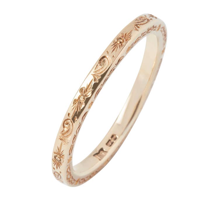Yellow Gold Engraved Stacking Ring for wholesale by Kirsty Taylor Goldsmiths
