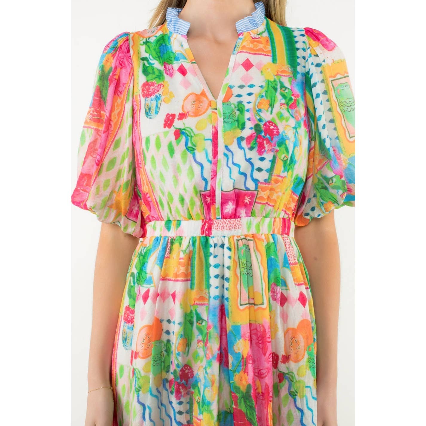 PINK Printed Ruffle Collar Puff Sleeve Dress for wholesale on Faire3