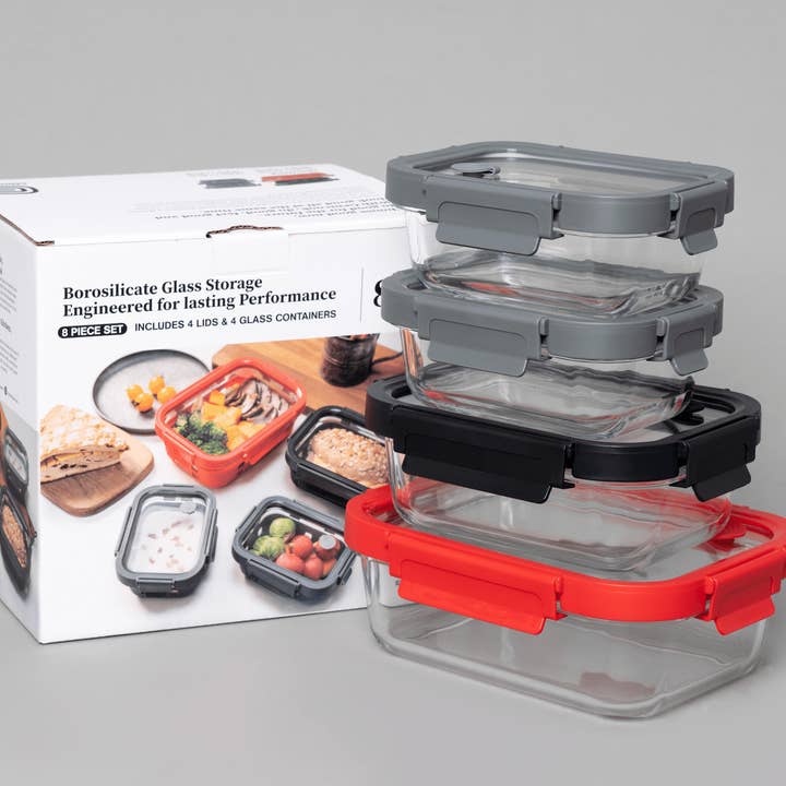 Genicook Product LLC - Wholesale Food Storage Container - Genicook Borosilicate Tempered Glass Food Storage Containers with Pro Grade Locking Glass Lids, Rectangle Shape - 8 pc Set (4 Containers -4 Matching Lids)