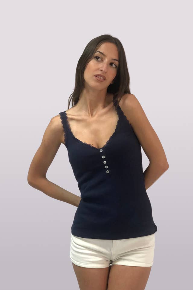 Tex Leaves - Wholesale Knit Top - Women's - V-neck Lace-Up Strappy Top with Buttons