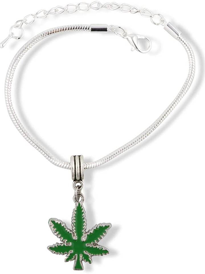 Emerald Park Jewelry Cannabis Marajuana Green Leaf Snake Chain Charm Bracelet for wholesale by Dave The Bunny