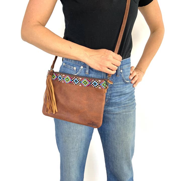 Virginia Crossbody - Pink/Teal Friendship w/Brown Leather for wholesale by arloom