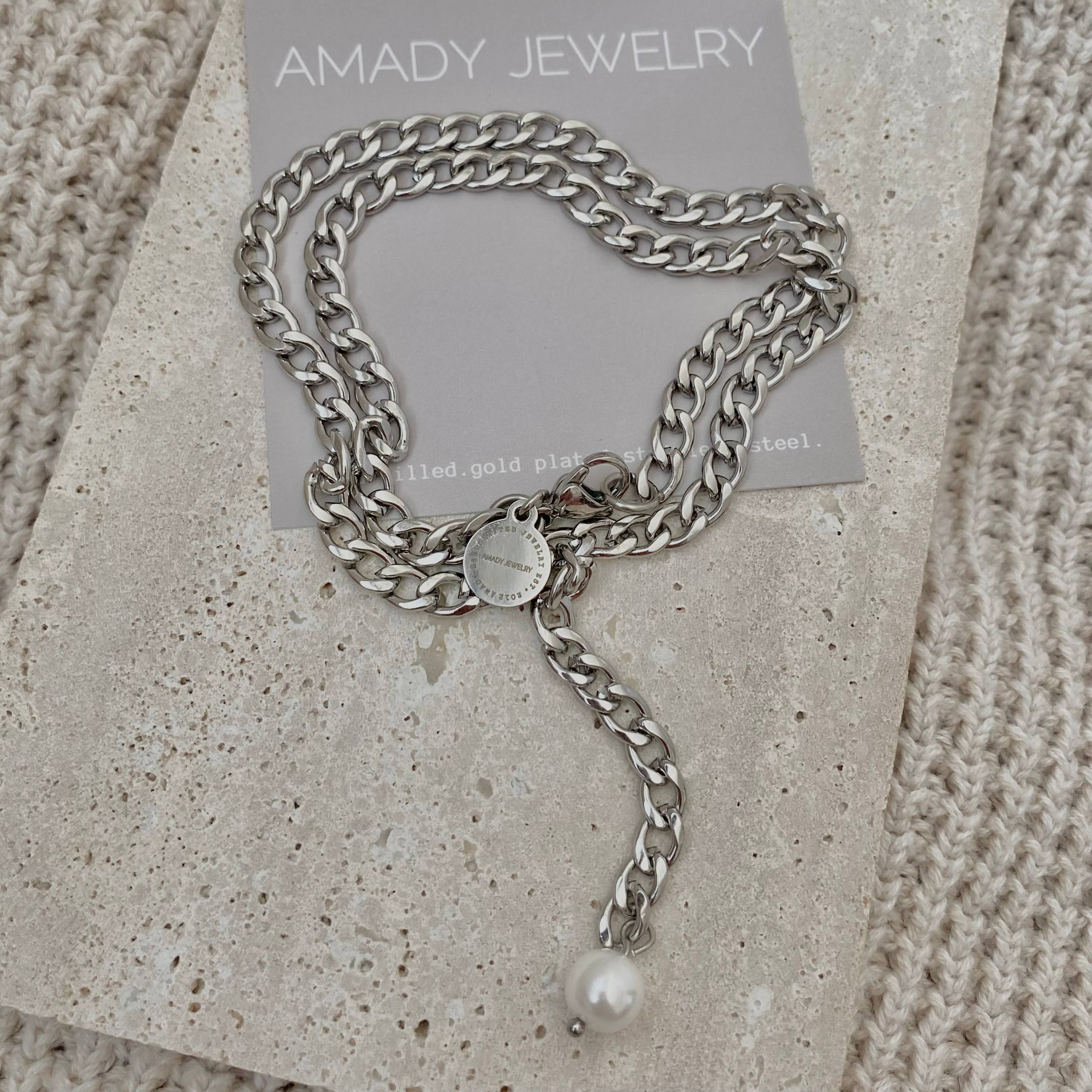 Amady Jewelry - Vente Sautoir et collier en Y - Chaîne à maillons gourmettes en argent et collier Lariat en perles4