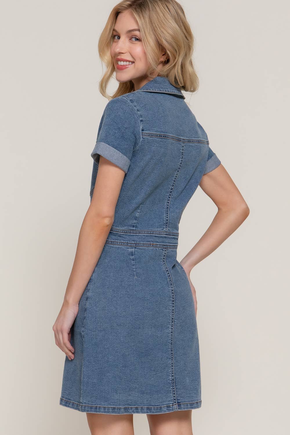 Short Sleeve Stretch Denim Mini Dress for wholesale on Faire4
