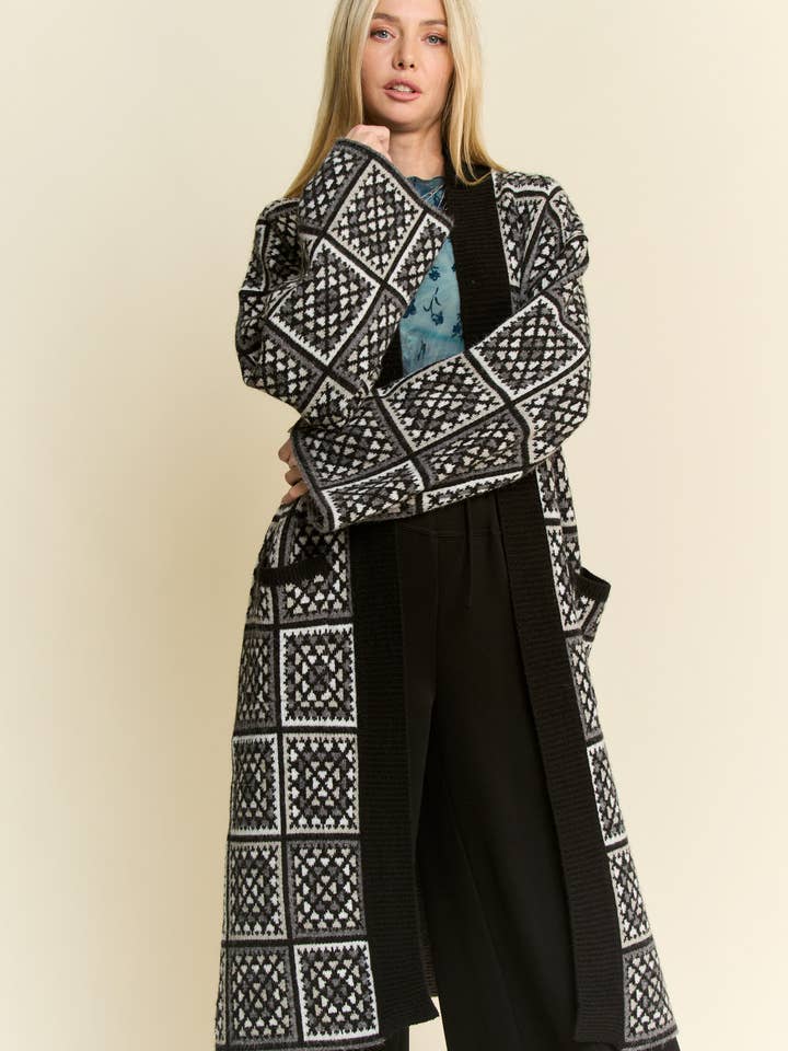 Davi & Dani - Wholesale Cardigan - Women's - GRANNY SQUARE INSPIRED OPEN DUSTER KNIT CARDIGAN