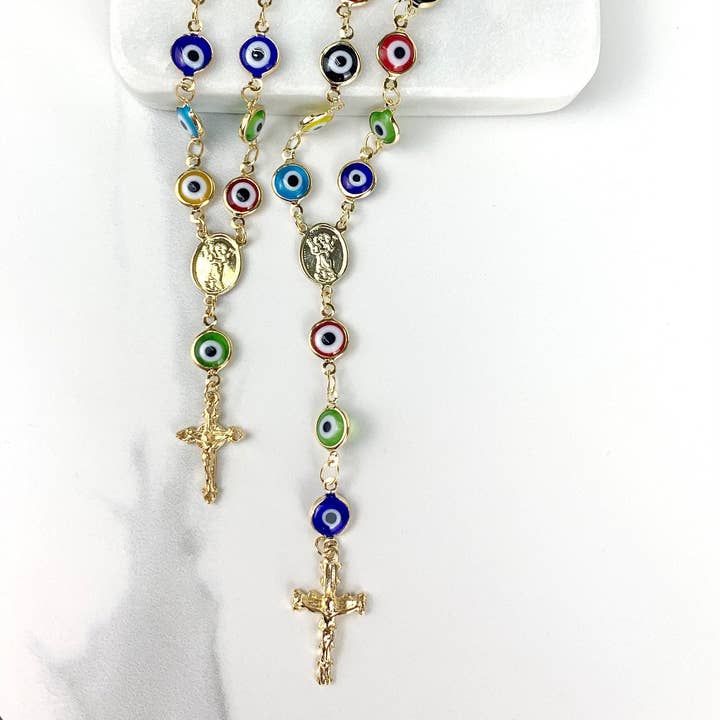 Luxus Accessories - Vendita all'ingrosso Collane a grani - Rosario a forma di divino bambino con occhi greci colorati riempiti in oro 18 carati o Br6