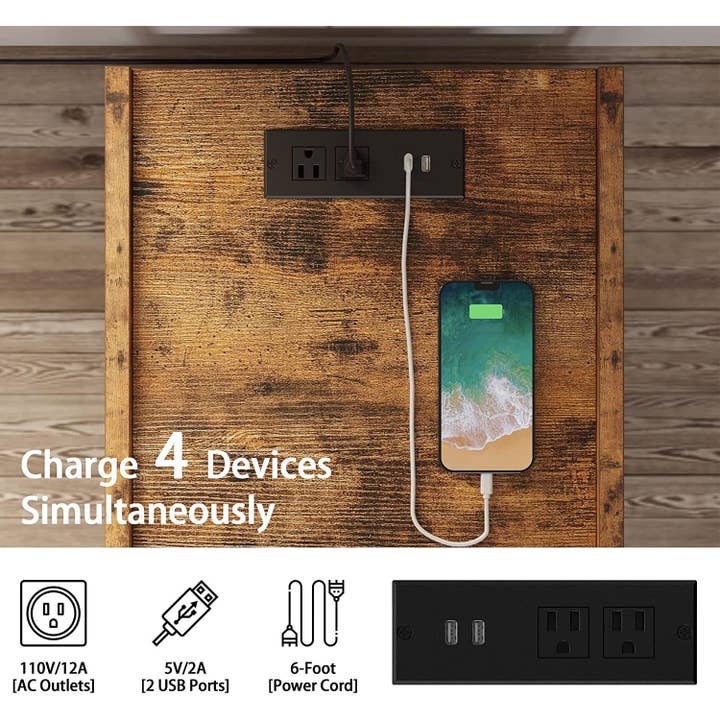 Bedside Table With Charging Station In Vintage Brown for wholesale on Faire7