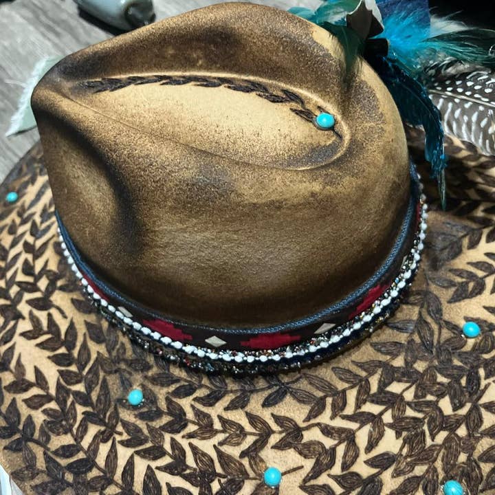 Feathered Gypsy Custom Hats and Boutique - Wholesale Fedora – Women’s - Unique Vine patterned rancher style burned hat2