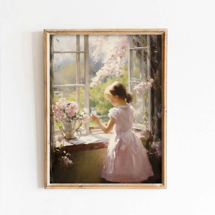 Little Girl Watering Flowers at Window Art Print for wholesale by Paper House Print Shop