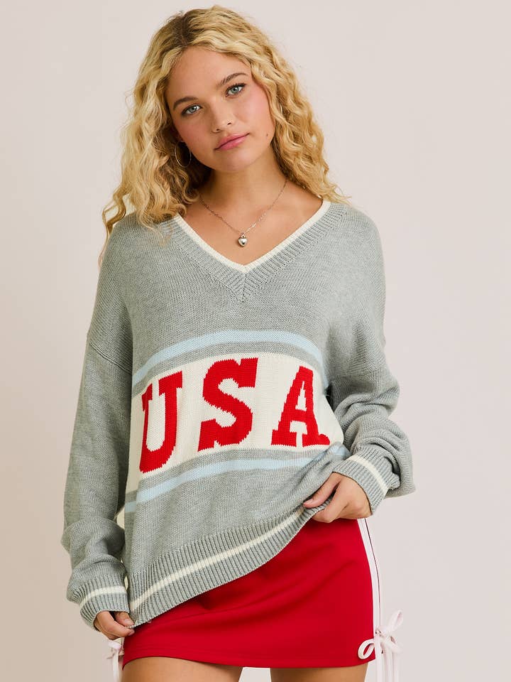 H GREY "USA" GRAPHIC LONG SLEEVE V-NECK SWEATER for wholesale on Faire