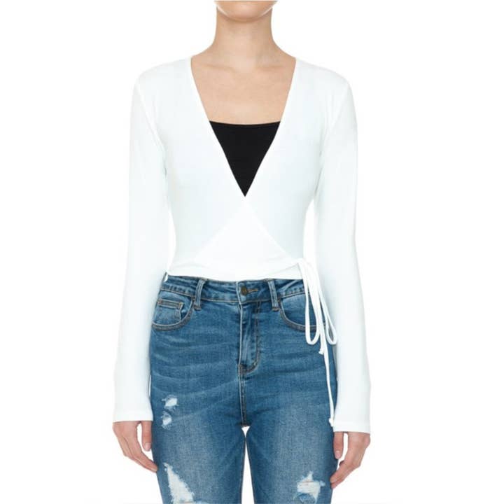 UP CLOTHING - Wholesale Knit Top - Women's - Deep V Neck Long Sleeve Surplice Wrap Crop Top7