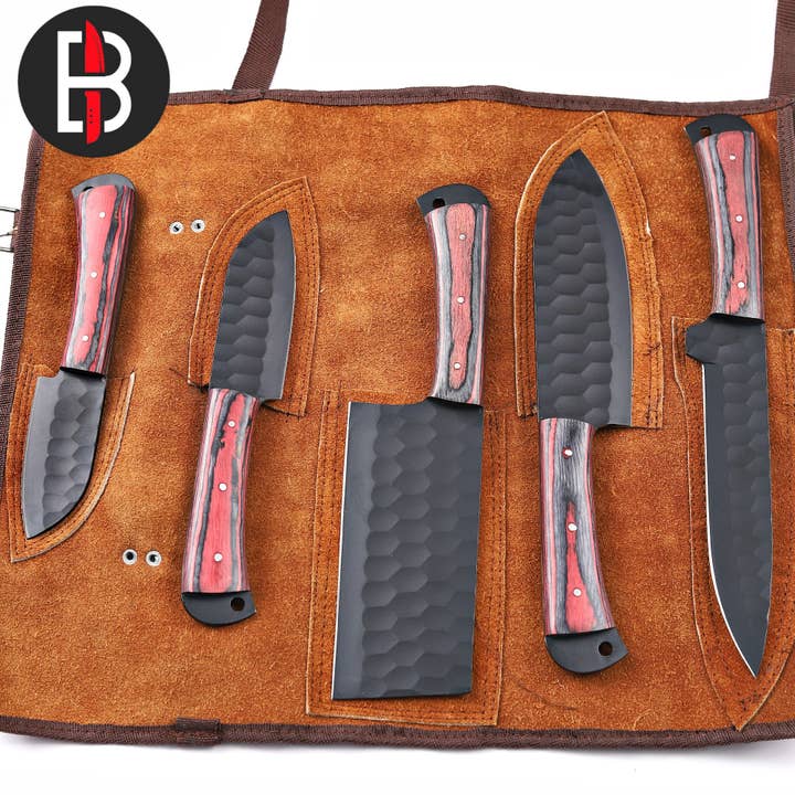 Bravohandicrafts - Wholesale Knife Set - 5 Piece Chef Knife Set Leather Bag Red Sheet for Wholesalers9