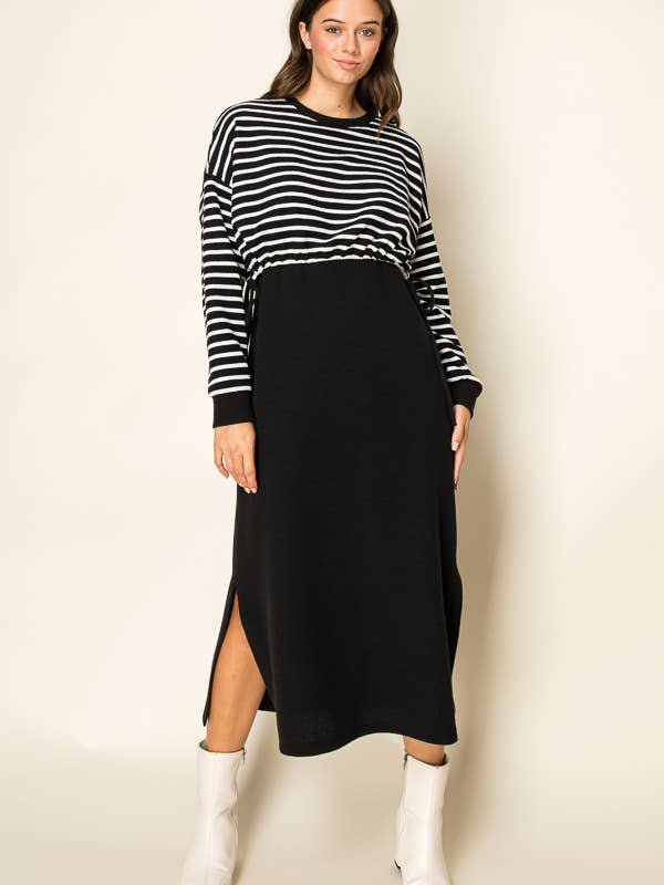 ROUND NECK CLOUDY KNIT L/S STRIPE DRESS for wholesale by Tres Bien, Inc