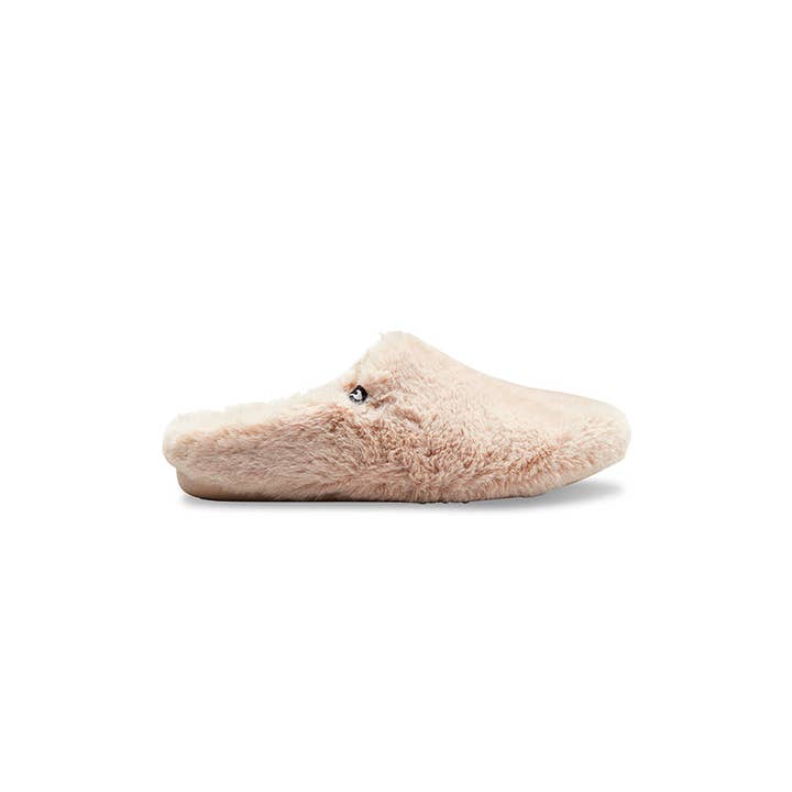 Women's cream recycled fluffy faux fur mule slippers, 100% recycled materials for wholesale by Walk In Pitas UK