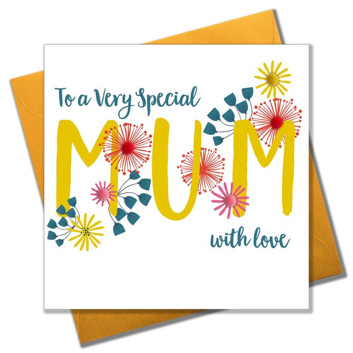 Mother's Day Card, Flowers, Special Mum, Embellished with colourful pompoms for wholesale by Claire Giles Ltd