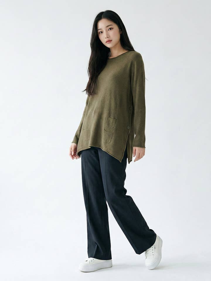 Loose Sweater Side Slit Buttoned Pockets Decorative Pockets for wholesale by L'Emotion