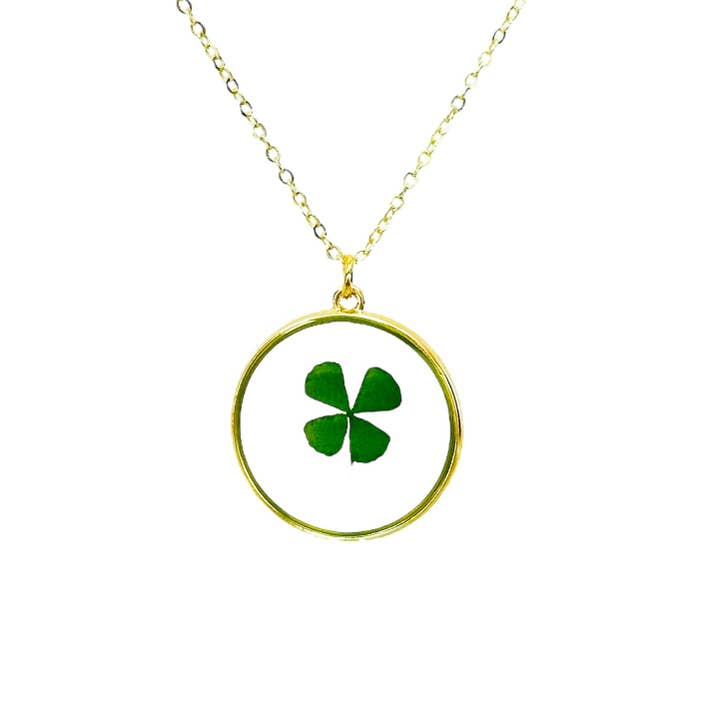 Four leaf clover shamrock gold plated necklace good luck charm pressed flower jewelry for wholesale by UMBRELLALABORATORY