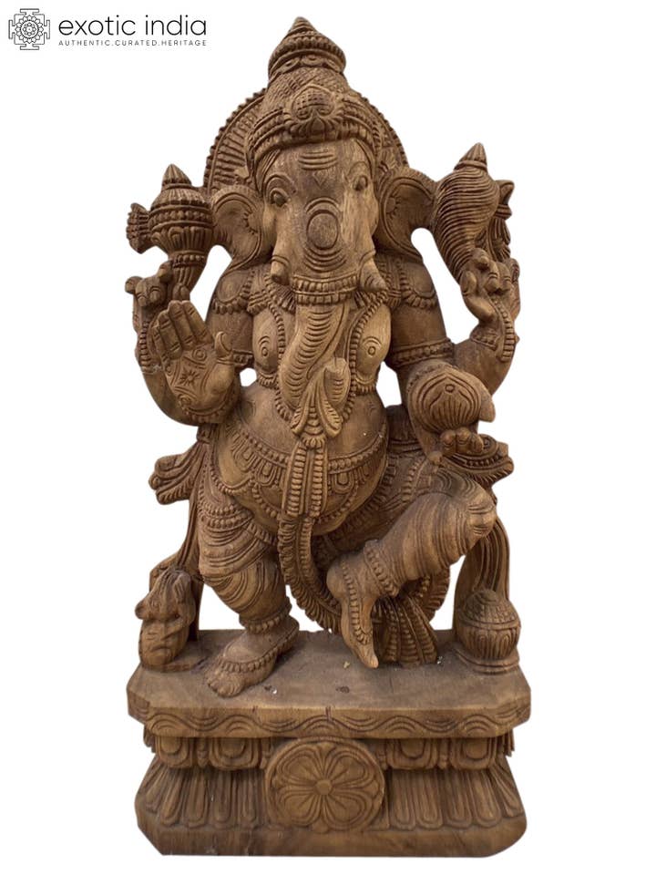 24" Wood Idol Of Dancing Ganesha for wholesale by Exotic India Art