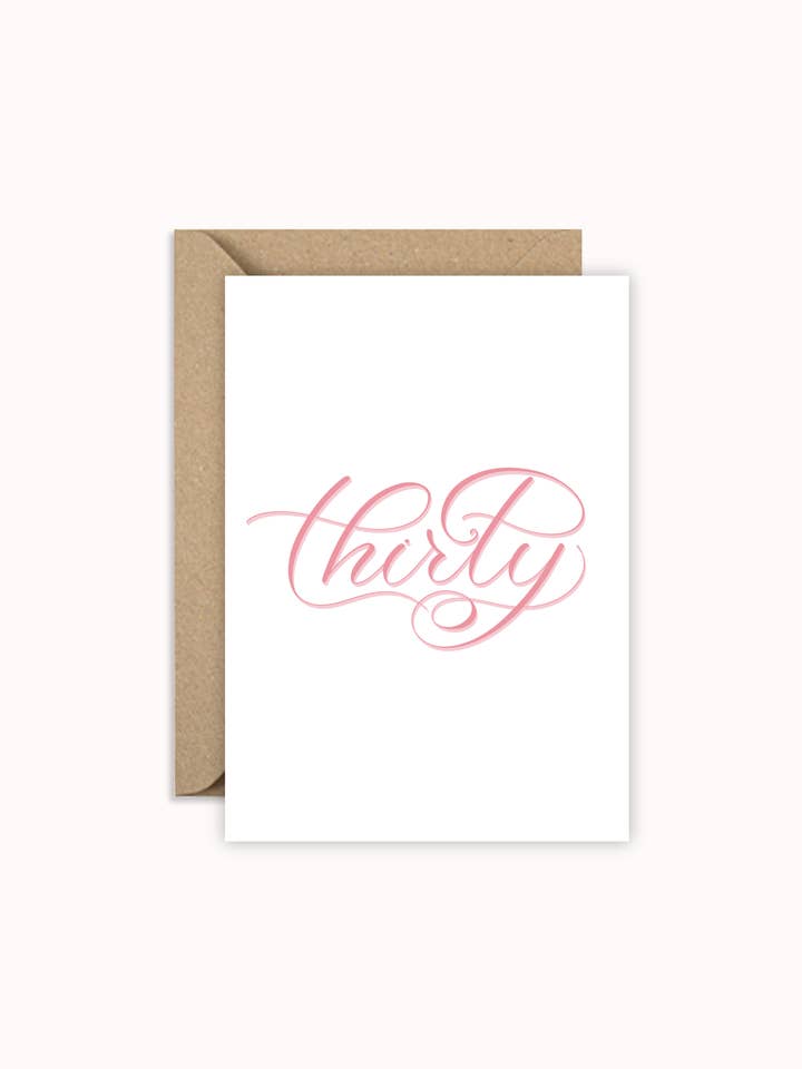 Pink 30th Birthday Card, “Thirty” Calligraphy – Minimalist for wholesale by Sarah Kate Creative