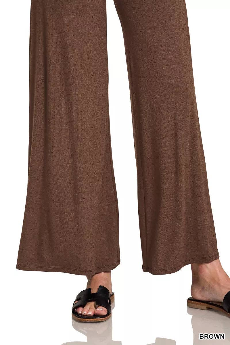 BROWN Zenana Fold Over Waist Comfy Wide Leg Pants for wholesale on Faire4