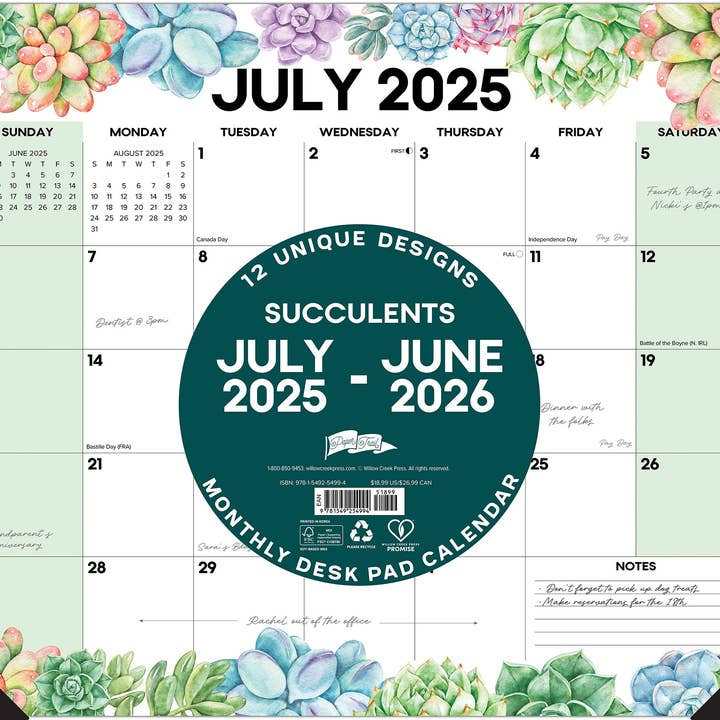 Willow Creek Press & Gifts - Wholesale Calendar - Succulents Academic July 2025 - June 2026 22" x 17" Large Monthly Desk Pad