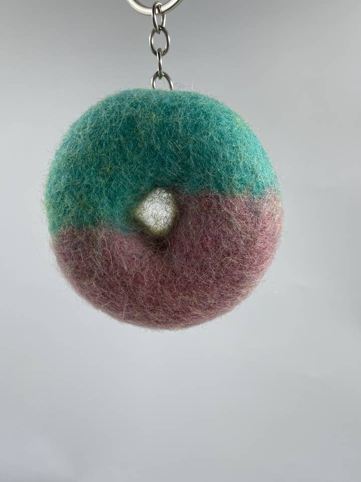 Handmade Felt Doughnut Blueberry Flavor Keyrings for wholesale by Funky Yak Ltd